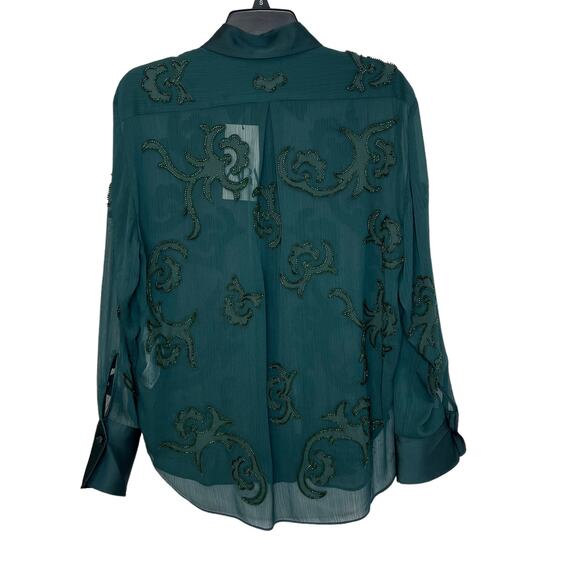 Zara Semi-Sheer Collared Button-Up Blouse Tonal Bead Applique Forest Green Small - Picture 11 of 14